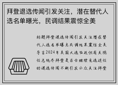 拜登退选传闻引发关注，潜在替代人选名单曝光，民调结果震惊全美