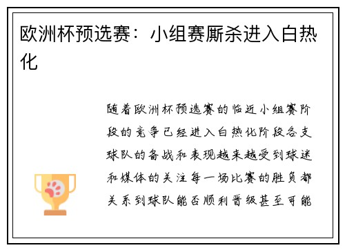 欧洲杯预选赛：小组赛厮杀进入白热化